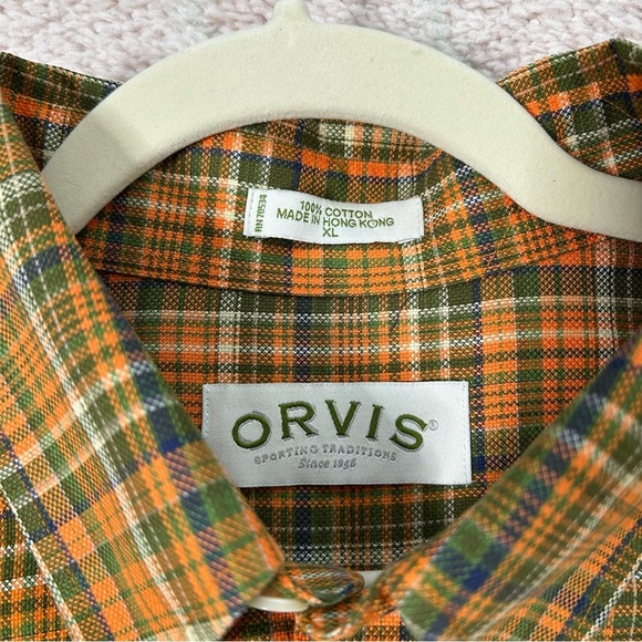 Orvis Orange Green Plaid Button Down Top Size XL Fall Autumn Office Outdoor - Picture 4 of 11